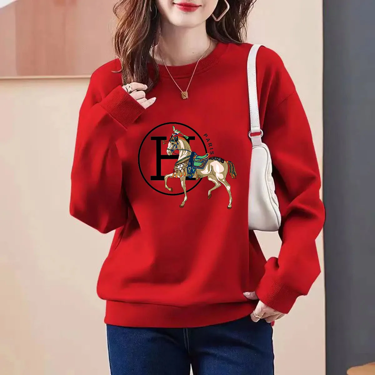 Women Clothing O-neck Sweatshirts Autumn Fashion Printed Loose Casual Hoodies Comfortable Pullover Pure Cotton Tops