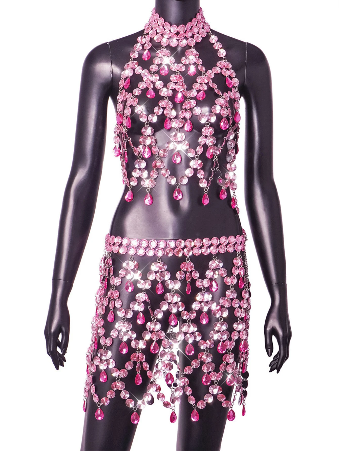 여성용 섹시한 시스루 메탈 라인스톤 여름 드레스, 백리스 반짝이 클럽 파티 드레스, 바디콘 미니 비치 드레스 세트