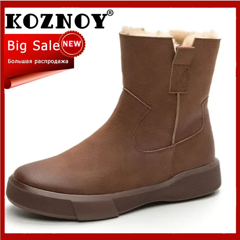 Koznoy 4cm Cow Genuine Leather Chunky Spring Rubber Ankle Boots Soft Soled Winter Plush Flats Booties Autumn Comfy Women Shoes