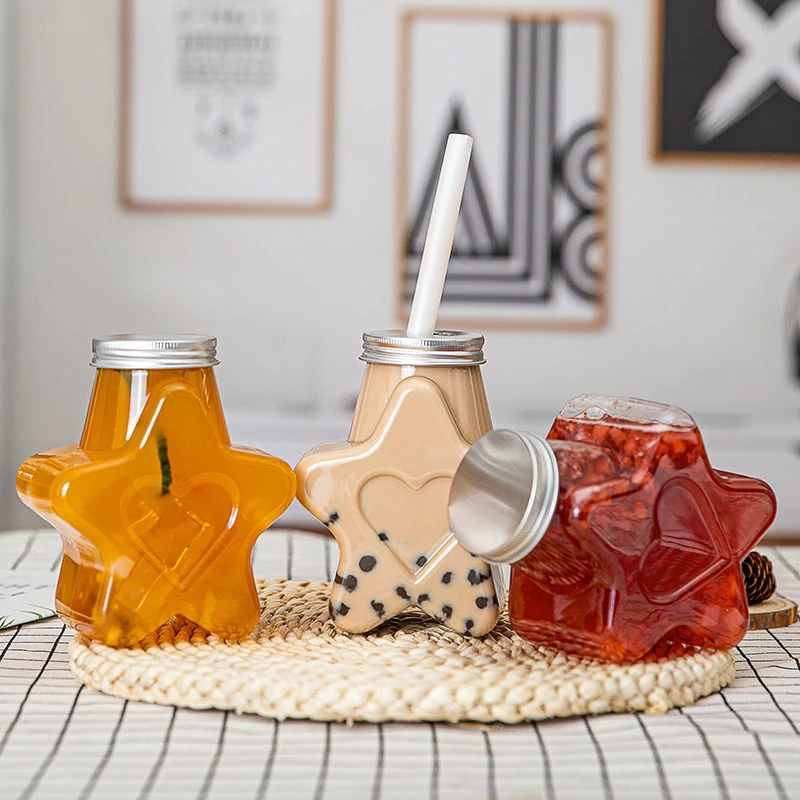 Creative Five-Pointed Star Shape Drink Bottle Tea Cup Pentagonal Beverage Bottle Home Outdoor Milk Bottle Pet Milk Tea Juice Col