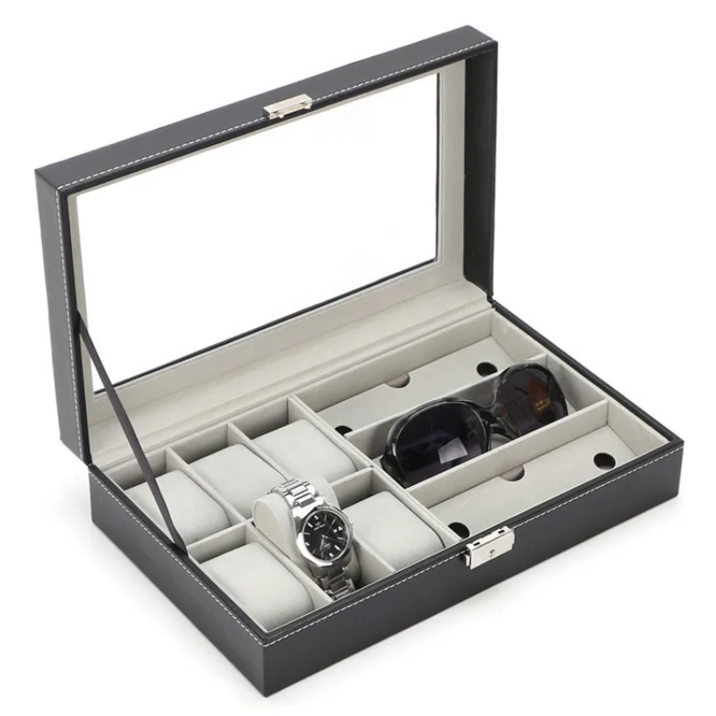 PU Leather Watch Box with Clear Lid Portable Glasses Box for Sunglasses Storage Display Supplies Counter Display Props