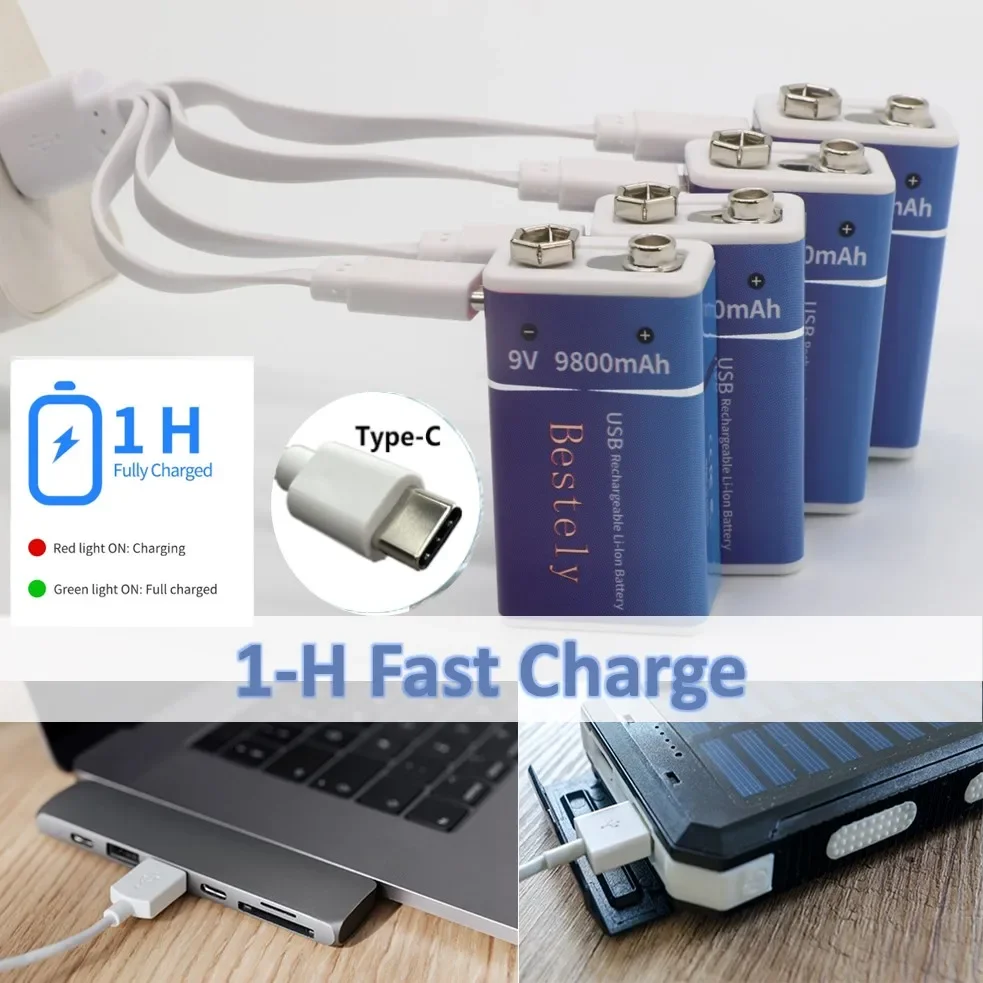 Rechargeable 9V Battery, 9800mAh Large Capacity 9 Volt Li-Ion Batteries Charge with Type-C Cable, for Smoke Detector,Fire Alarm gallery 1