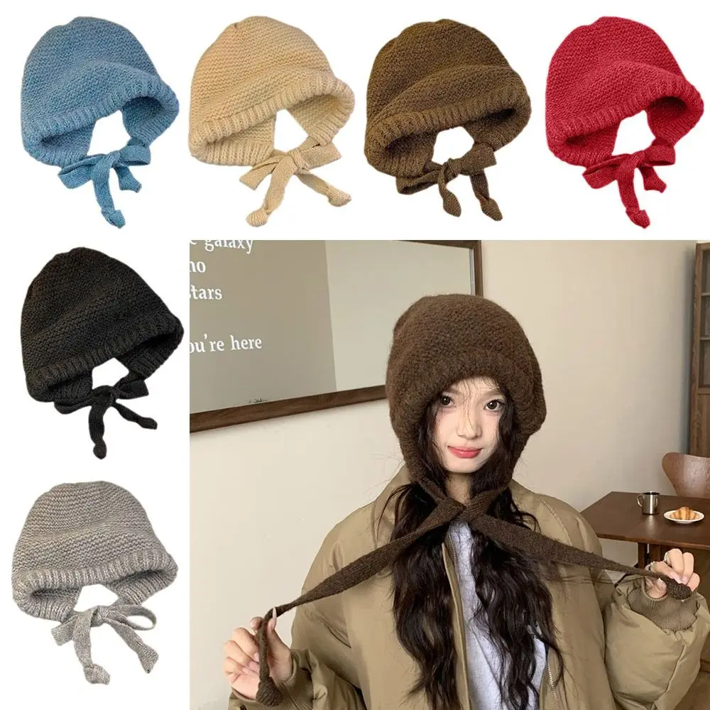 Cute Ear Protection Knitted Hat Warm Strap Windproof Rope Wool Bag Hat Beanie Hats Women