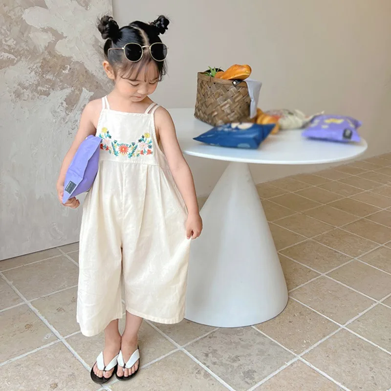 Girls Kids Overalls Summer Jumpsuit Embroidered Wide Leg Pants Fashion Children Girl Bodysuit Romper Kids Outfits 3-8Y