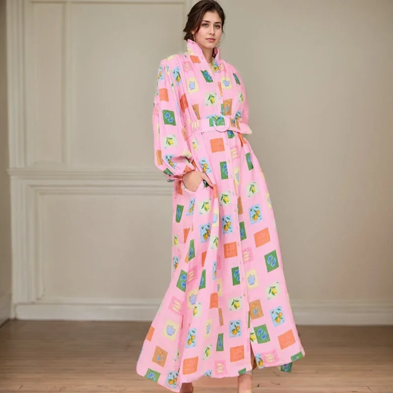 أنيقة مطبوعة الخصر فقاعة الصدر فستان طويل ضرب اللون عادية نصف الياقة المدورة قمصان طويلة الأكمام المرقعة حزام فساتين