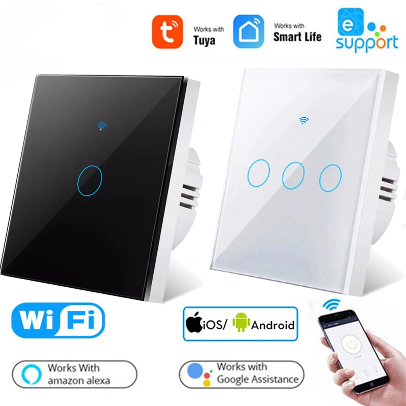 Work With Tuya WiFi Smart Light Switches Glass Panel Wall Smart Switch Universal 100-240V For EU Smart Life Alexa Google Home