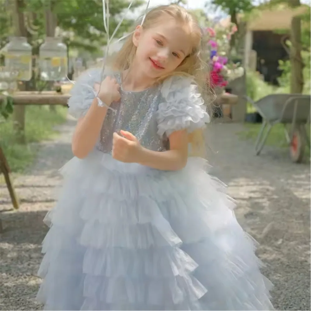 

Layered Fairy Puffy Flower Girl Dress For Wedding Glitter Sequins Princess Birthday Party Dress First Communion Ball Gown