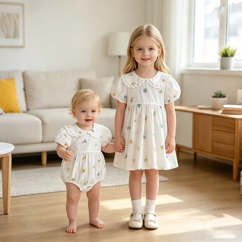 2026 Sommer 2-6 Jahre Kinder Süßes Party-Kleid mit Kurzen Ärmeln 0-24 Monate Baby Mädchen Stickerei-Kragen-Strampler Schwester-Kleid