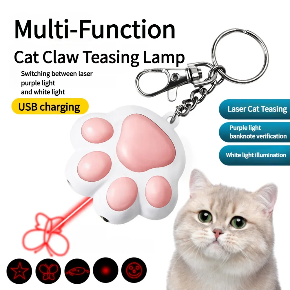Multi-Functional Projection Cat Teaser Stick Pet Cute Mini Charging Cartoon Footprint Pattern Claw Laser Teasing Stick Cat Toy