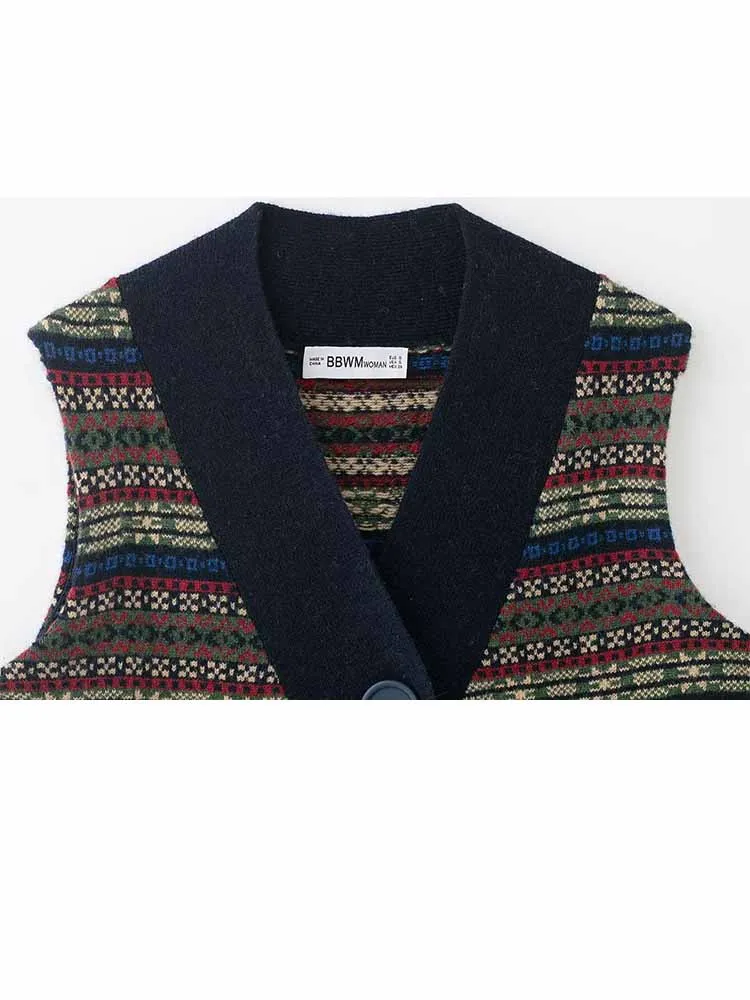 

HH Woman Winter Retro Fashion Sleeveless V Collar Single Breasted Wool Jacquard Short Knitted Cardigan Casual Warm Vest Cardigan