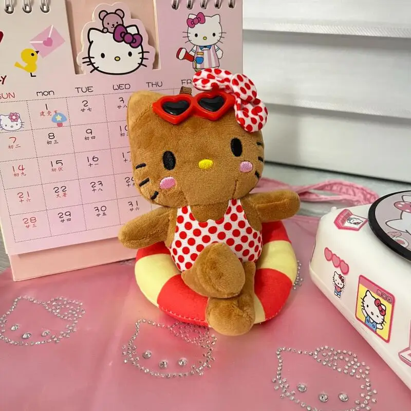

12 см милый мультфильм Kawaii черная кожа плавательный круг с горошком Hello Kitty плюшевая кукла брелок сумка кулон игрушка в подарок