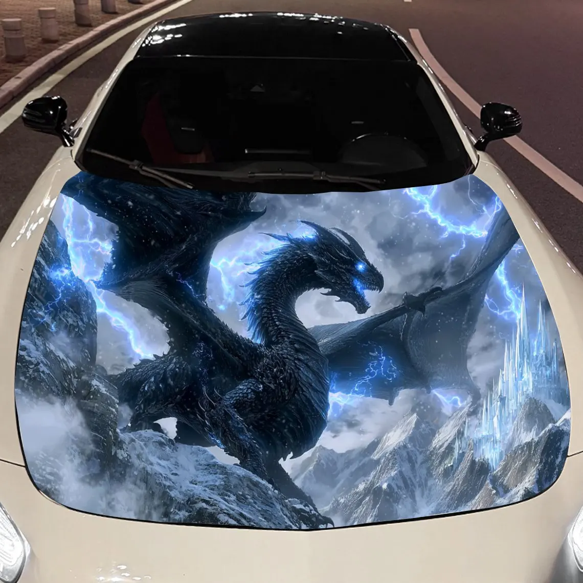 

Black-Scaled Blue-Flame Dragon and Snowy Crystal Castle Car Vinyl Wrap, PVC Material Waterproof Car Hood Sticker, Self-Adhesive