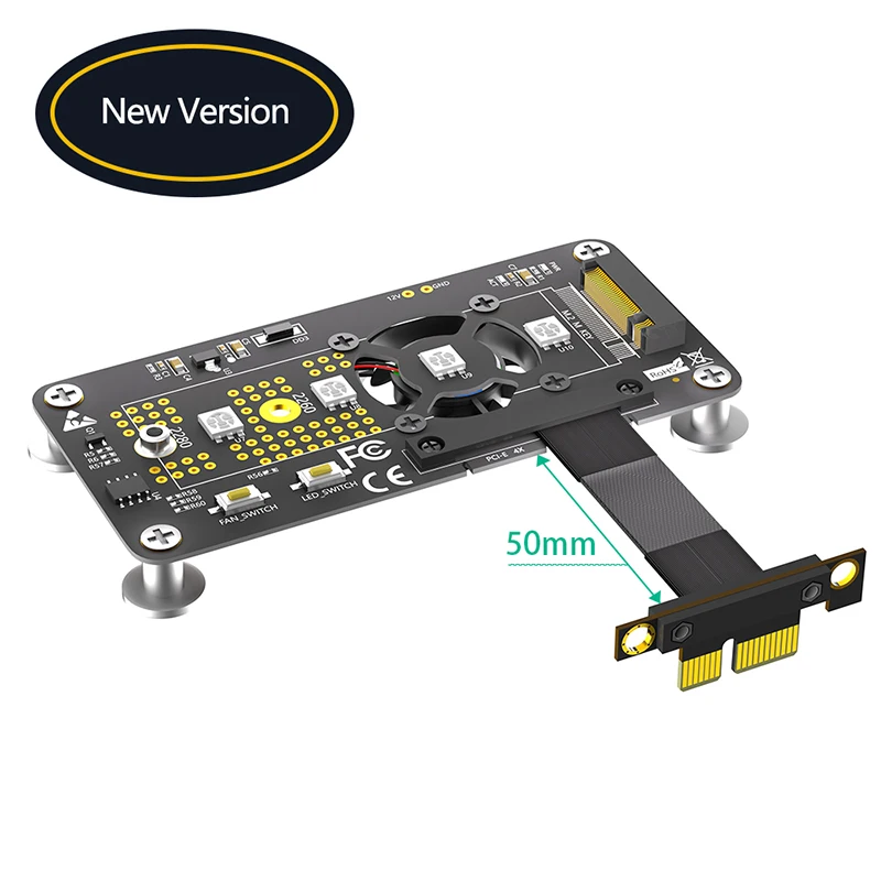 Cabo de extensão Riser Card com ventilador de refrigeração, LED RGB, Pad magnético, M.2 NVME, M-Key para PCI Express 3.0 X1, 5cm, 2230-2280, SSD