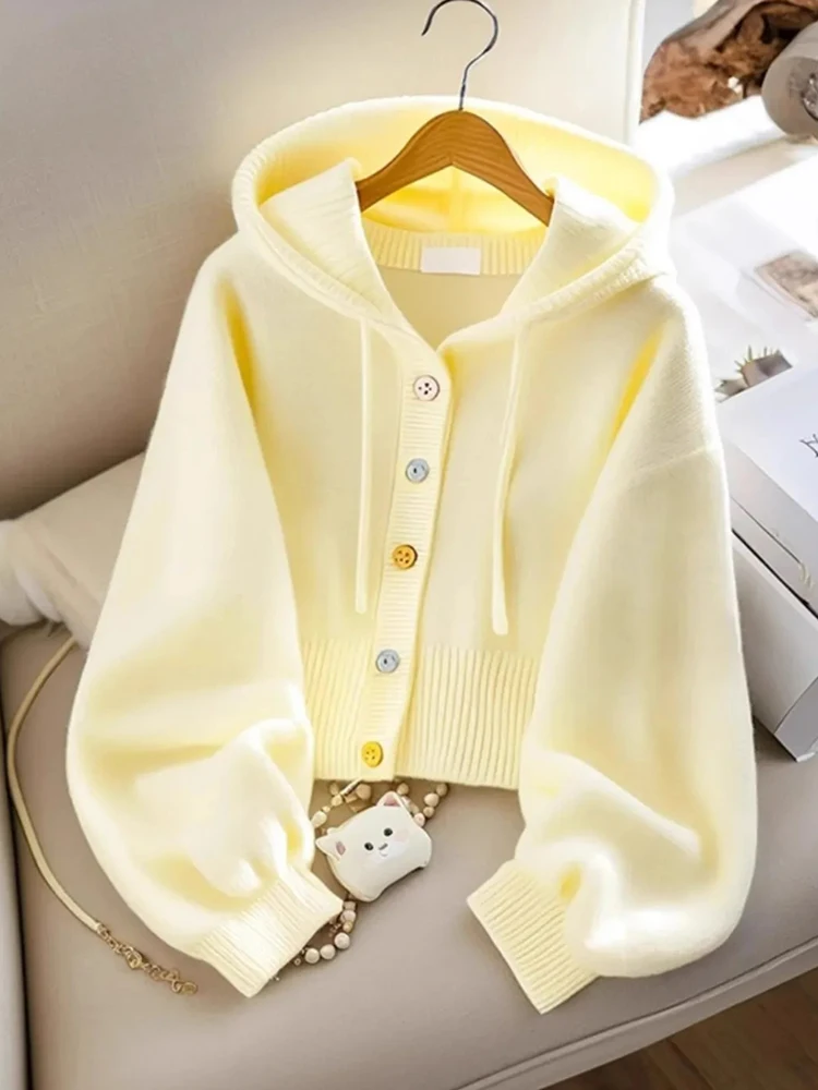 Jmprs Japan Soft Yellow Cardigan Sweaters Women Sweet Long Sleeve Hooded Knitted Jacket Cute Loose Preppy Style Kawaii Tops Fall