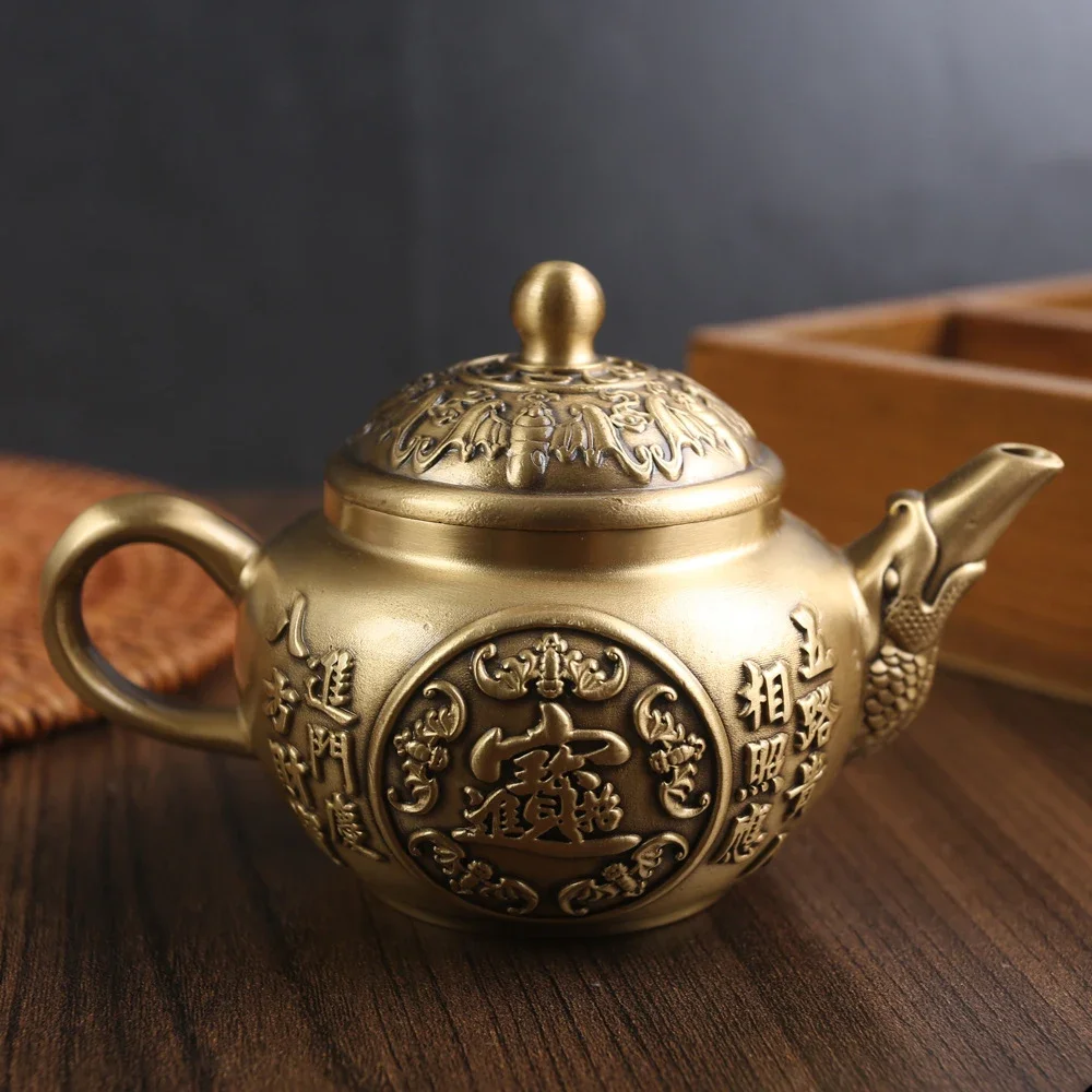 

Creative Retro Fortune Blessing Teapot Brass Kung Fu Tea Pot Home Office Desktop Keep in Good Health Tea Kettle Metal Crafts