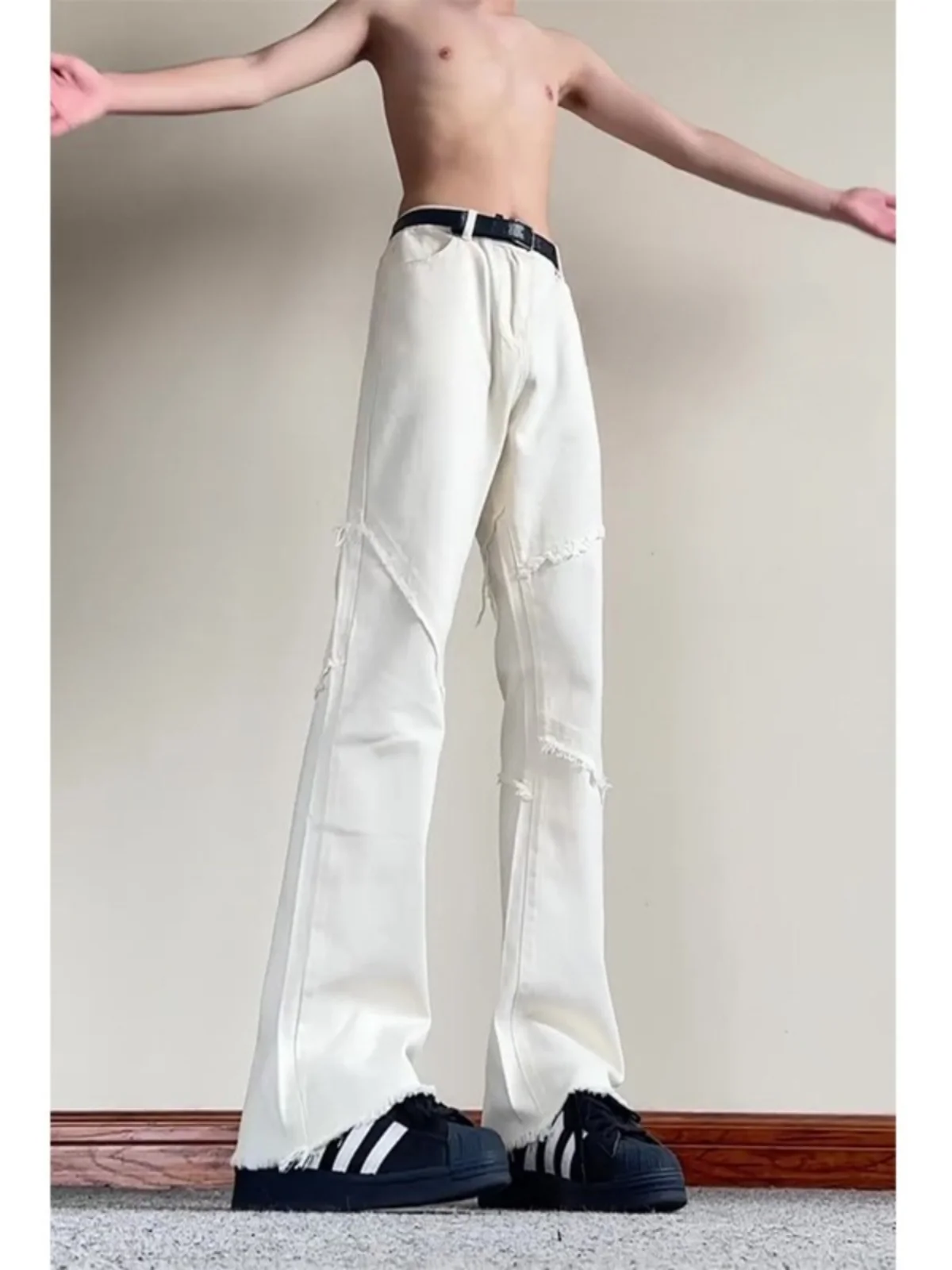 High Waist Men's Bell Bottom Jeans White Straight Leg Zipper Fly Denim Pants High Street Style American Flavor Asymmetrical Hem