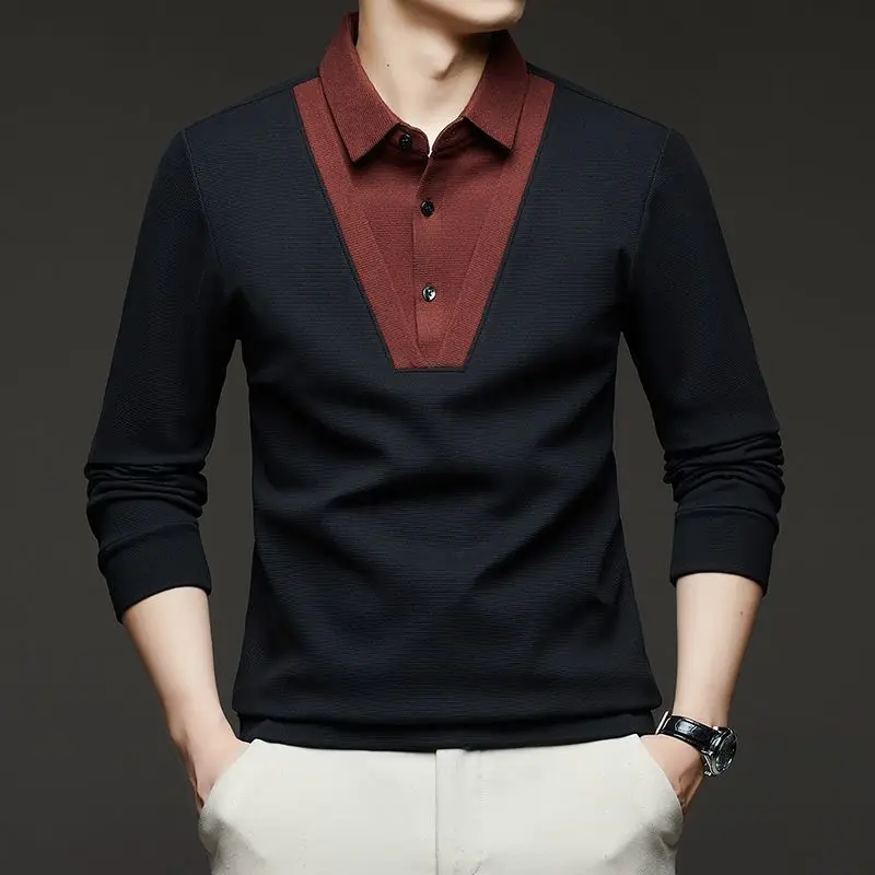 Men's Wool Silk Blend Fake Two Piece Polo Shirt Long Sleeve Turtleneck Base Layer Fall Winter Casual Tops