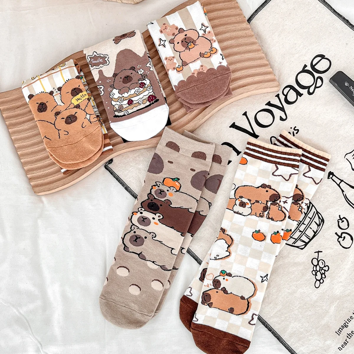 1/5Pairs For Capybara Socks Sets Retro Polyester Cotton Low Tube Women Socks Breathable Japanese Style Casual Mid-calf Sock