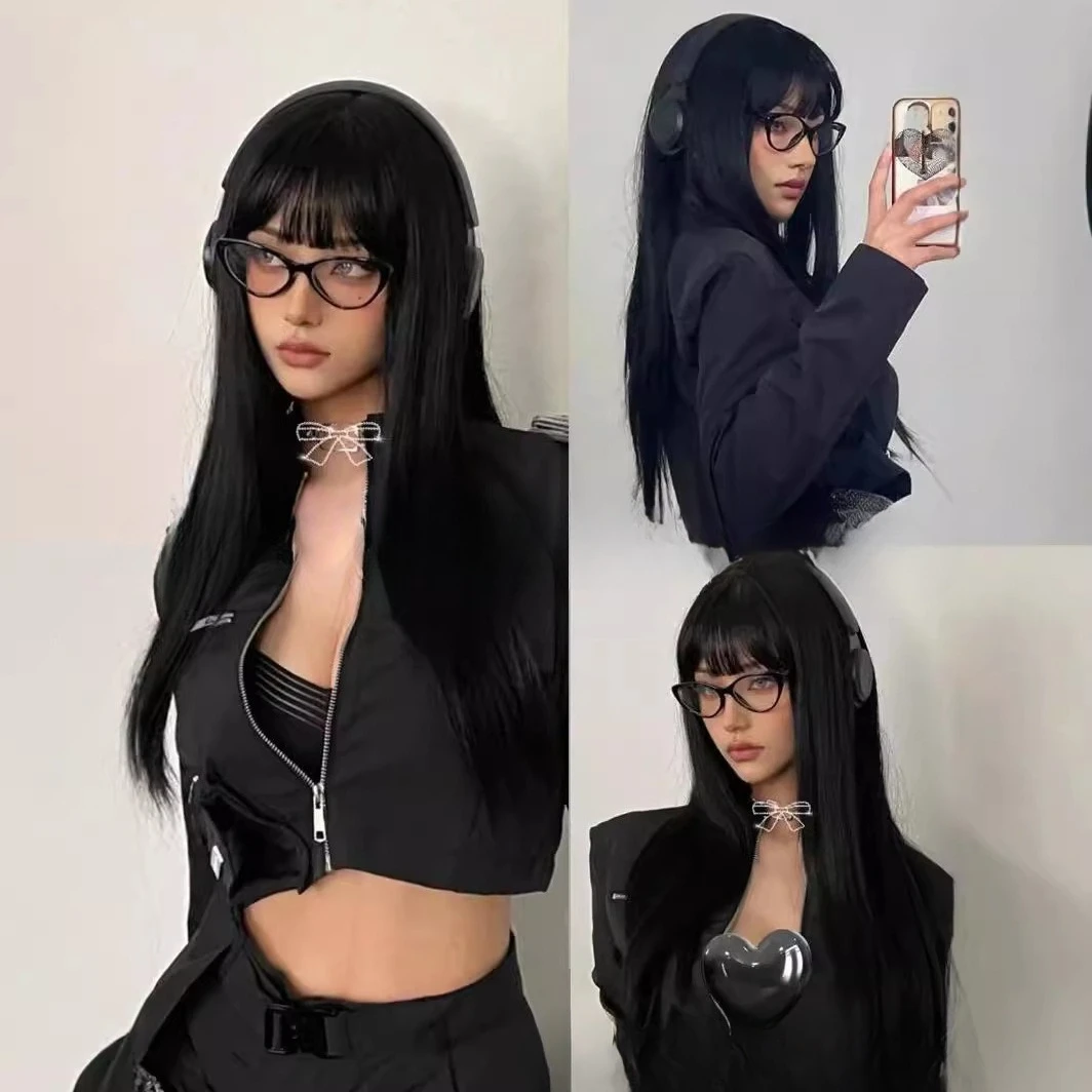 

Wig black Qi bangs long straight hair Xiyin hot selling full headgear chemical fiber high temperature silk wigs