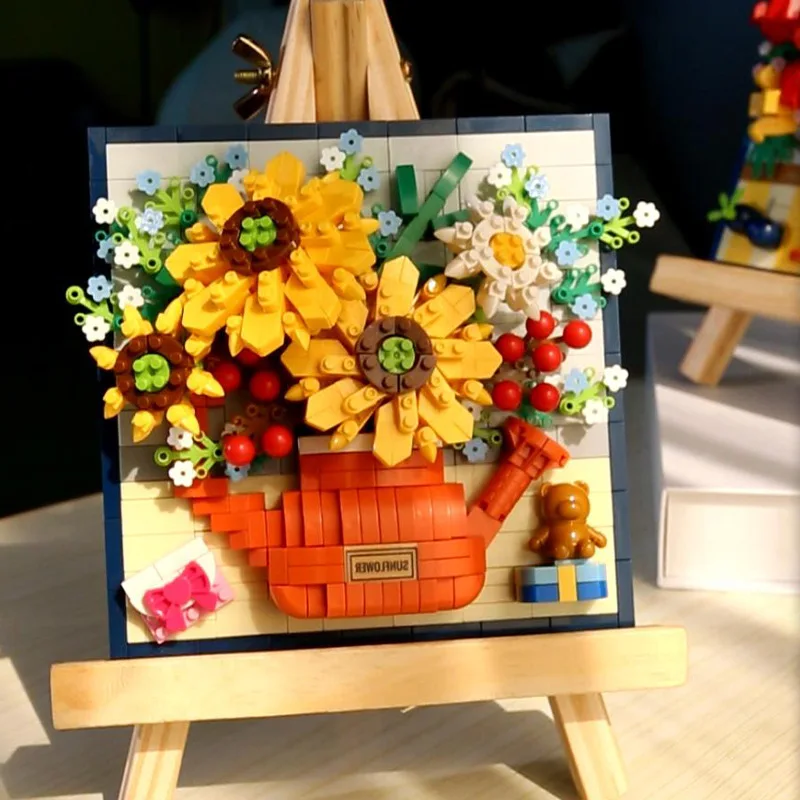 Rose Sun Flower Potted Building Block Bricks Bouquet Home Decoration 3D Model Sunflower Bouquet Rose Toy Diy Potted Gift