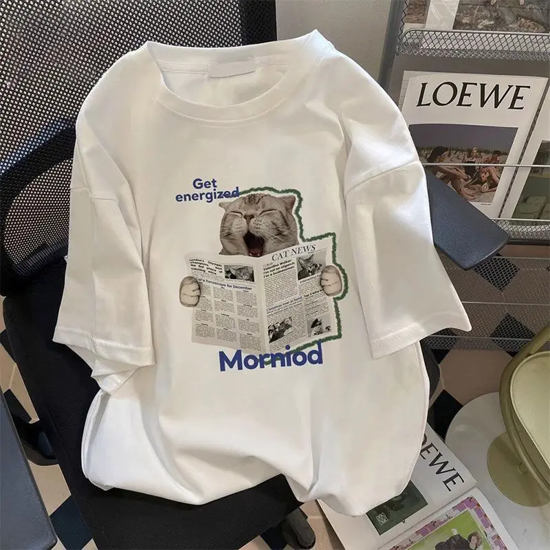 Plus – Größe Katze „Get Energized Morning“ Print T-Shirt, zweifarbig, kurzärmelig