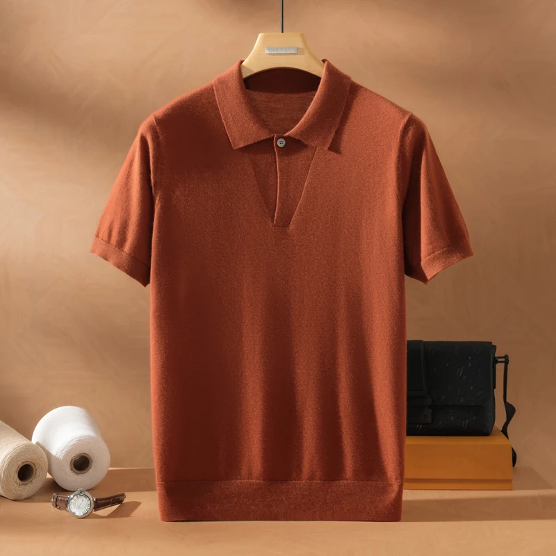 

Men's 100% cashmere T-shirt business casual knitted sweater short sleeved pullover POLO collar Tees spun cashmere tops