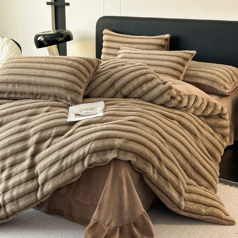 Solid Color Minimalist Striped Bedding Set Thick Warm Soft Rabbit Plush Beddings Anti-static Non-shedding Colorfast Duvet Cover