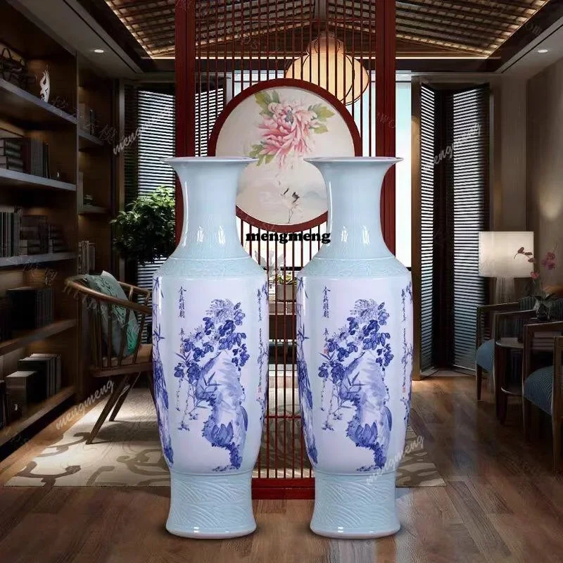 03 Jingdezhen ceramics hand-painted blue and white porcelain floor-to-ceiling vase ornament hotel Chinese living room decoration