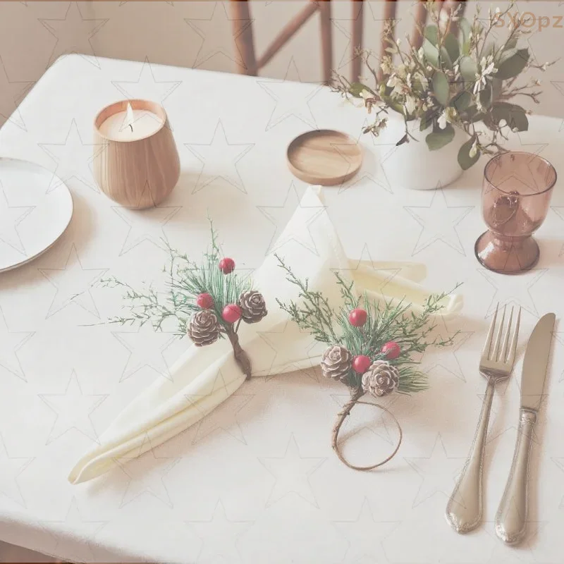 Christmas Cedar Jute Lace Napkin Rings Set Handmade Craft Tableware For Holiday Party Dinner New Year Decorations