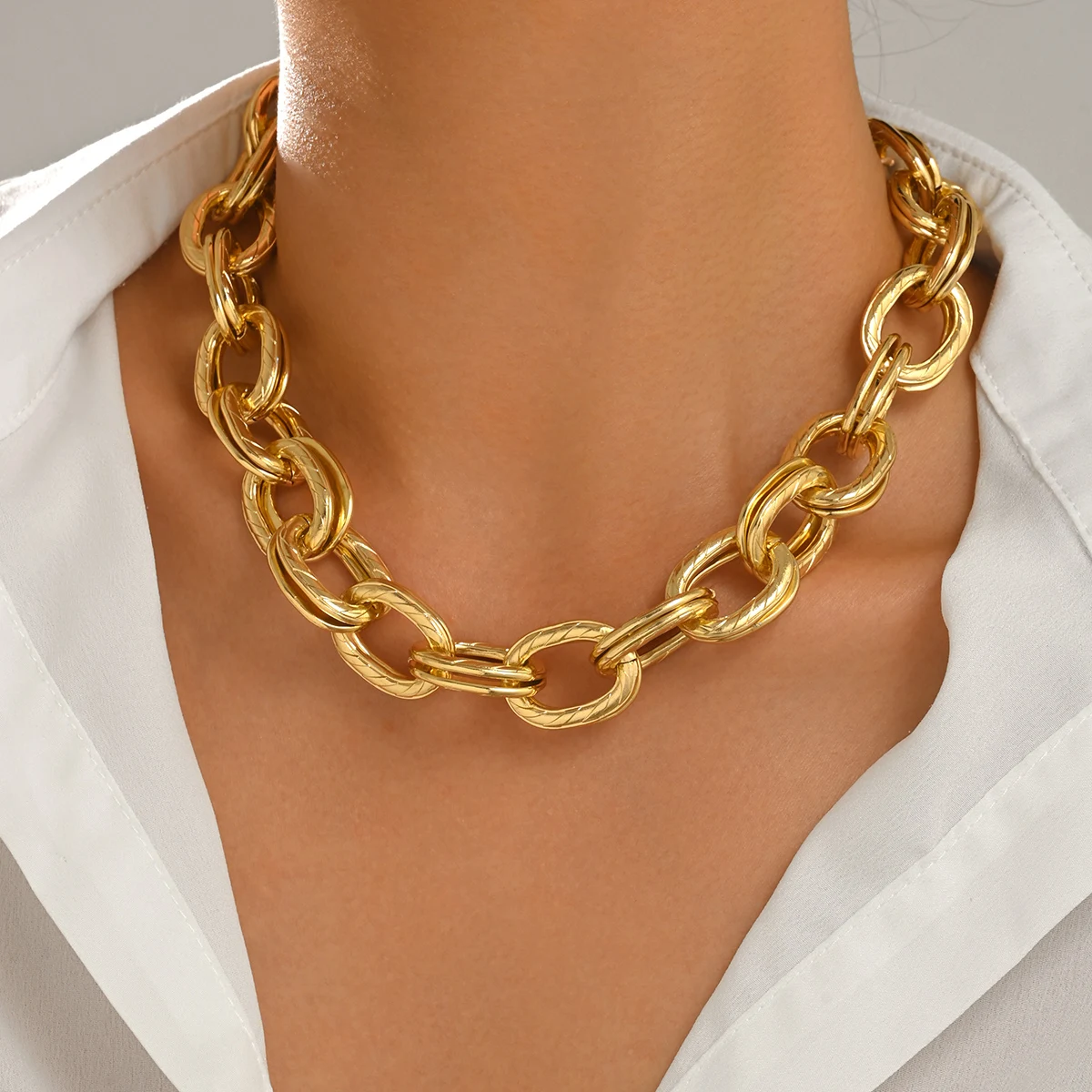 Vintage dicke, ineinandergreifende ovale Gliederkette, verstellbare, robuste Metallkette, Damen Hip-Hop Mode Halskette.