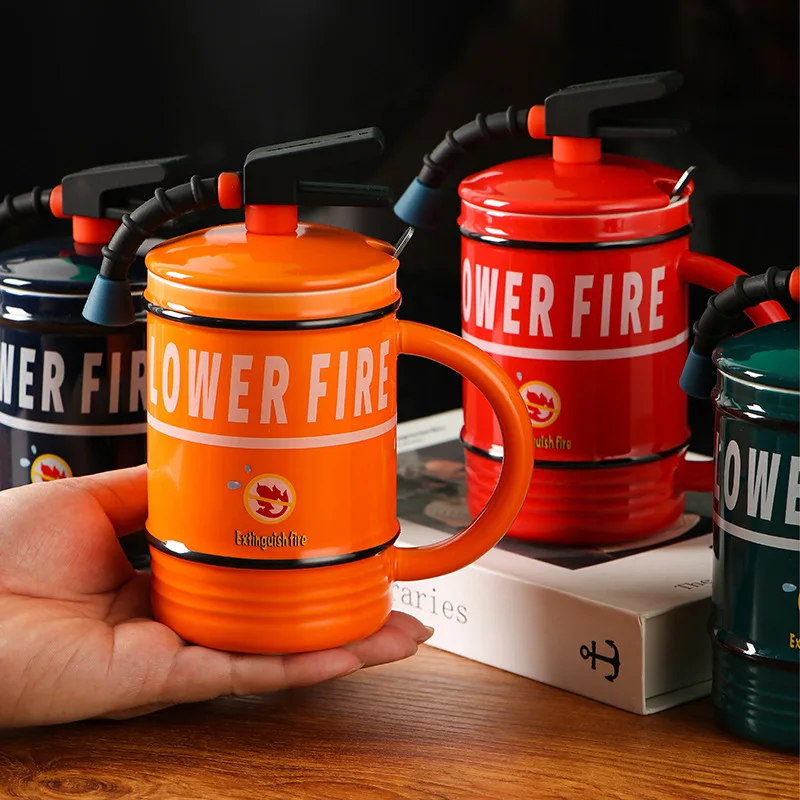 Fire Equipment Shaped Mug Creative Ceramic Cup Office Novelty Water Cup with Lid and Spoon