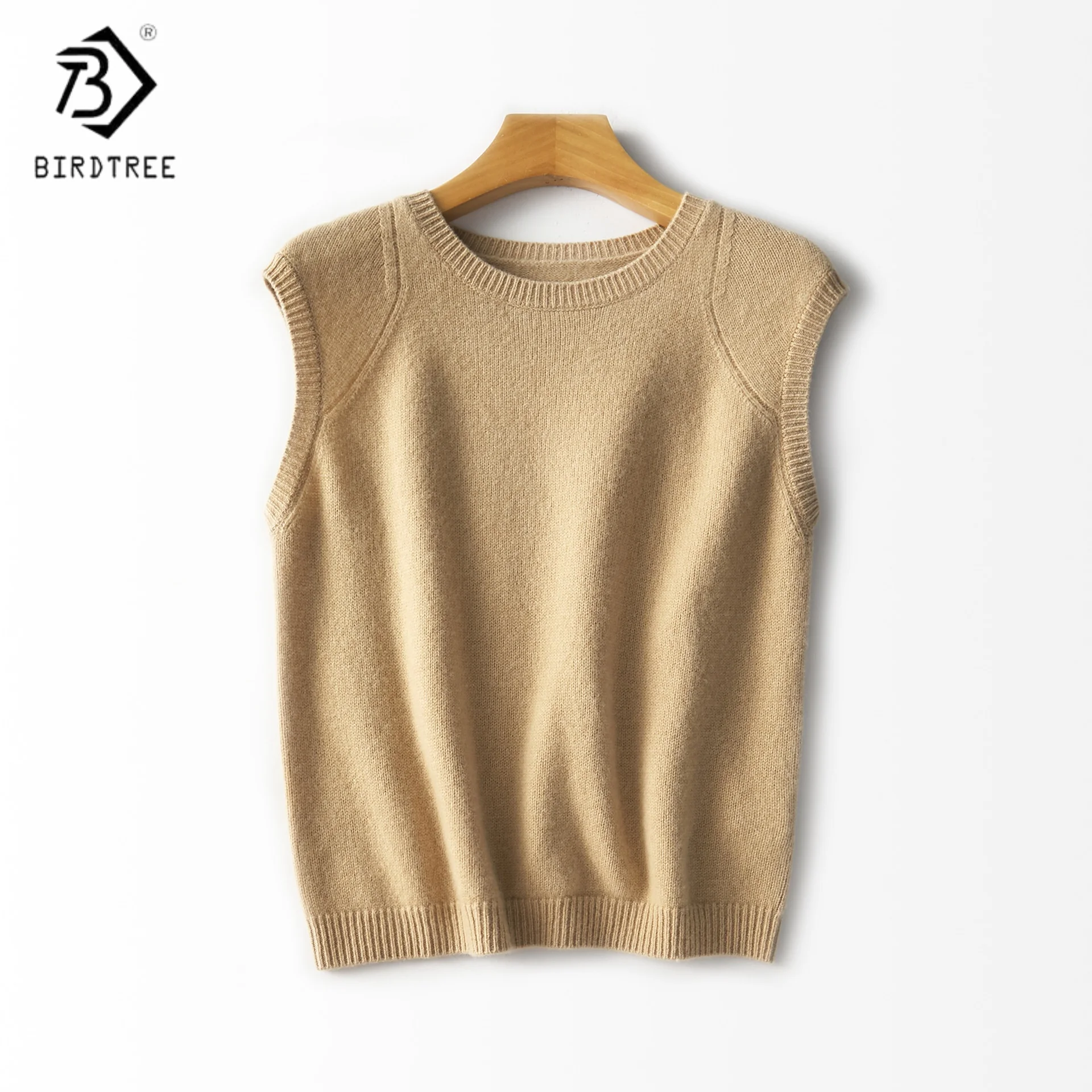 

Birdtree 100% Sheep Wool O-neck Knitted Vest,Woman Fashion Sleeveless Sweater,2025 Autumn Winter Loose Solid Waistcoat T5O414JF