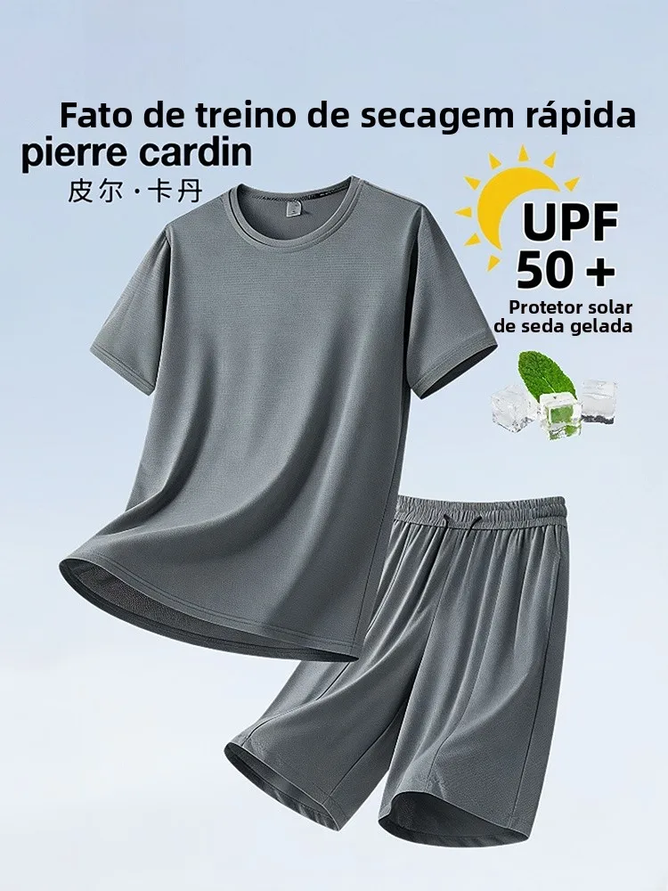ensemble-de-sport-d'ete-pierre-cardin-en-soie-glacee-fine-a-sechage-rapide-decontracte-a-manches-courtes-respirant-deux-pieces-en-tissu-polyester
