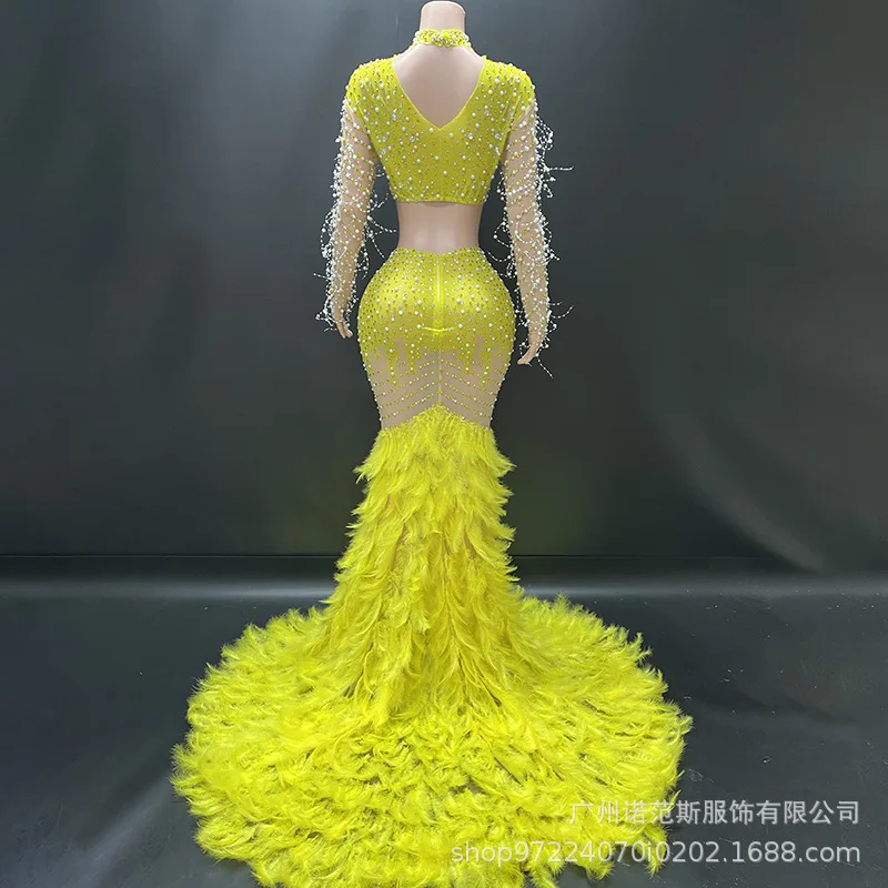 فاخر لؤلؤة الماس سبليت قطعتين ريشة مزاجه فستان شركة الاجتماع السنوي المرأة الراقية فستان Vestido Para igreja