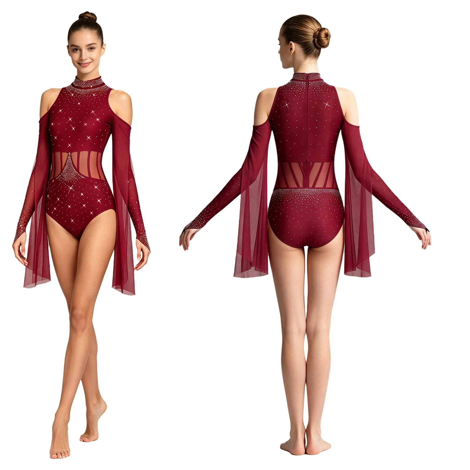 Women Modern Lyrical Dance Skating Gymnastics Acrobatics Ballet Leotard Cold Shoulder Shiny Rhinestones Sheer Mesh Bodysuit