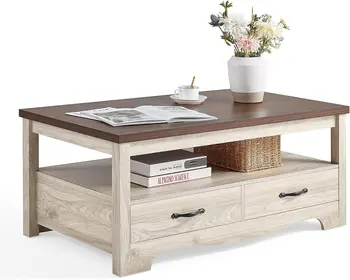 Image Farmhouse Coffee Table with Storage, Wood Coffee Table for Living Room, Open Display Area and Storage Drawers with Metal Handles