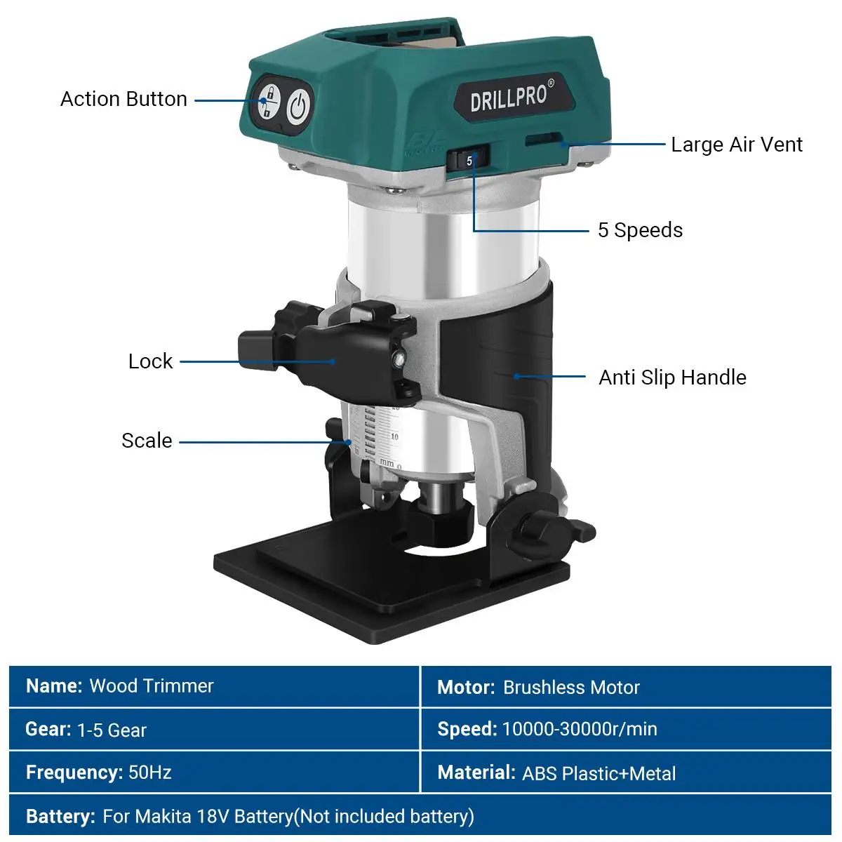 Drillpro 5 Speeds Brushless Electric Hand Trimmer Cordless Wood Router Woodworking Engraving Slotting for  18V Battery