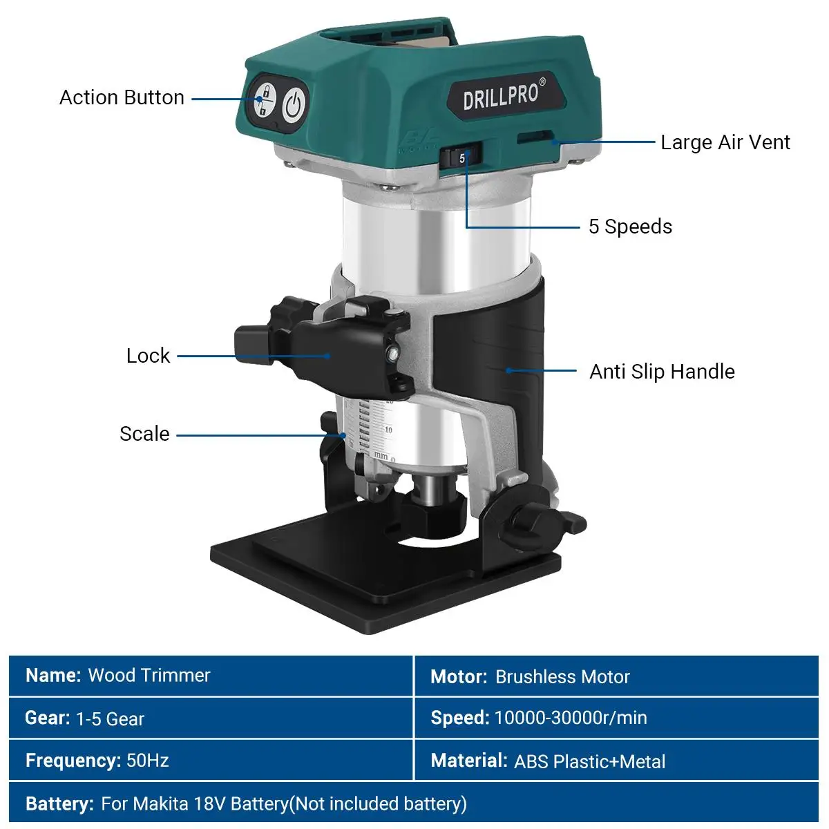 Imagem -03 - Drillpro-aparador de Mão Elétrico sem Escova Velocidades Roteador de Madeira sem Fio Carpintaria Gravação Entalhes Bateria 18v
