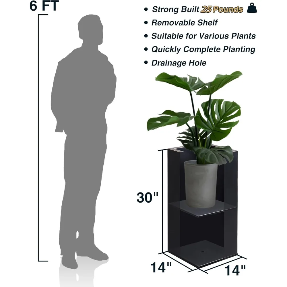 Высокий металлический ящик для цветов на открытом воздухе, 14x14x30 дюймов, матовый вручную золотой край, большая вместимость для уличных растений