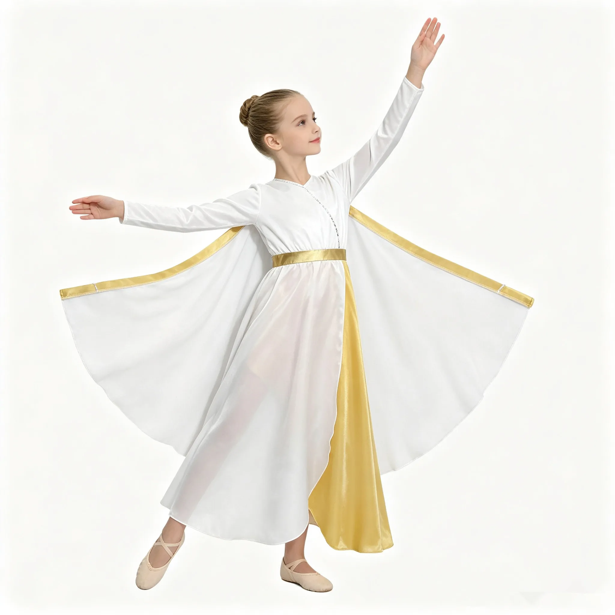 Kids Girls Praise Lyrical Dance Dress Angel Goddesses Cosplay Costume Long Sleeve Worship Church Choir Robe with Detachable Cape