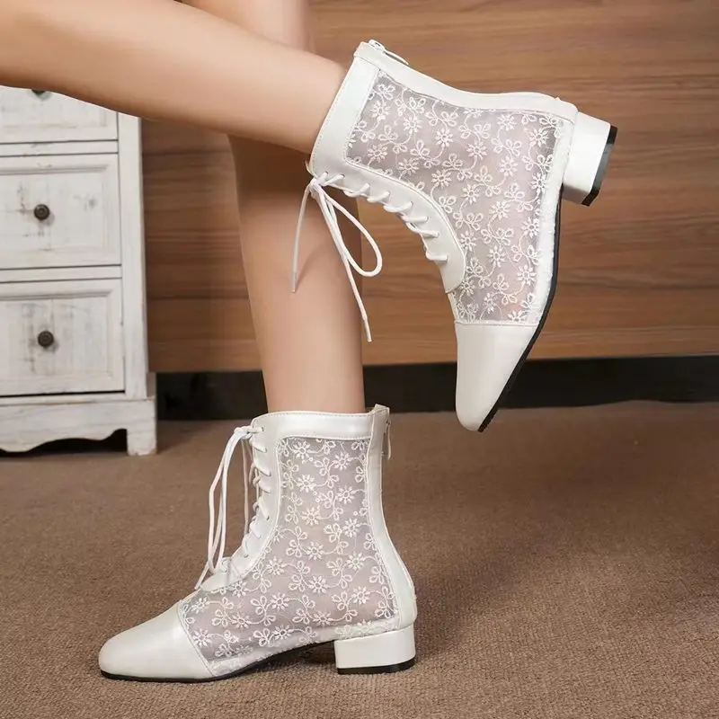 

REAVE CAT 2025 Women Ankle Boots Round Toe Mid Heels 3cm Lace Up Breathable Mesh Size 44 45 46 Cute Daily Booty