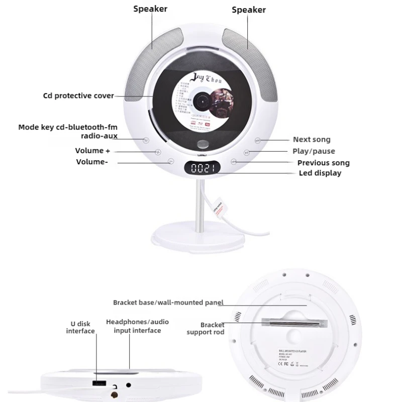 Portable CD Player Bluetooth Speaker Stereo CD Players LED Screen Wall Mountable CD Music Player with IR Remote Control FM Radio