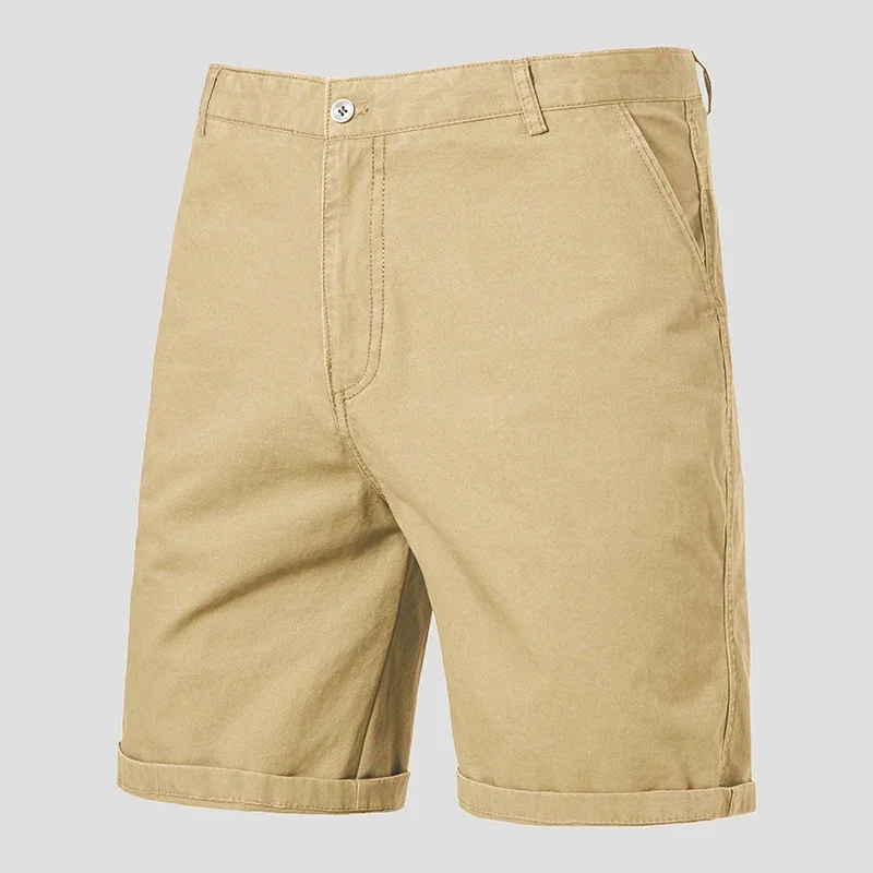 Men Straight Cotton Knee Shorts Deep Side Pockets Fixed Waistband Button Rear Pocket Outdoor Activity Daily Slacks
