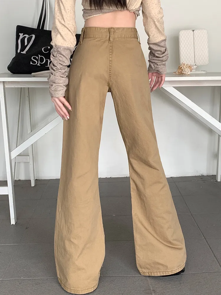 2023 Cyber Y2K Fashion Khaki Baggy Flare Cargo Jeans Pants For Women Clothes Straight Korean Casual Lady Trousers Pantalon Femme