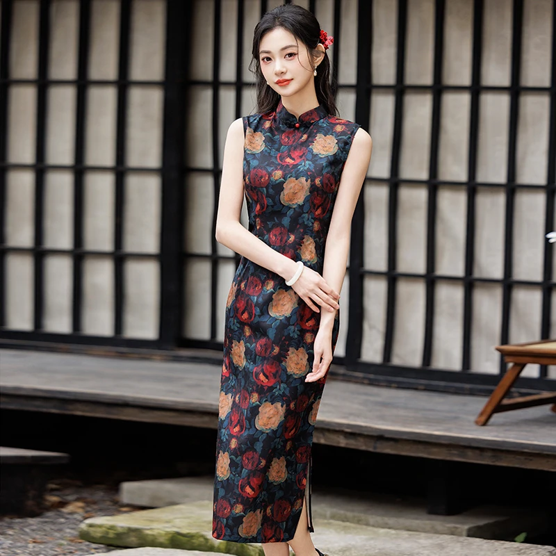 

High Waist Sleeveless Midi Dress Women's New Chinese Vintage Floral Print Cheongsam, Modified Long Qipao with Slit