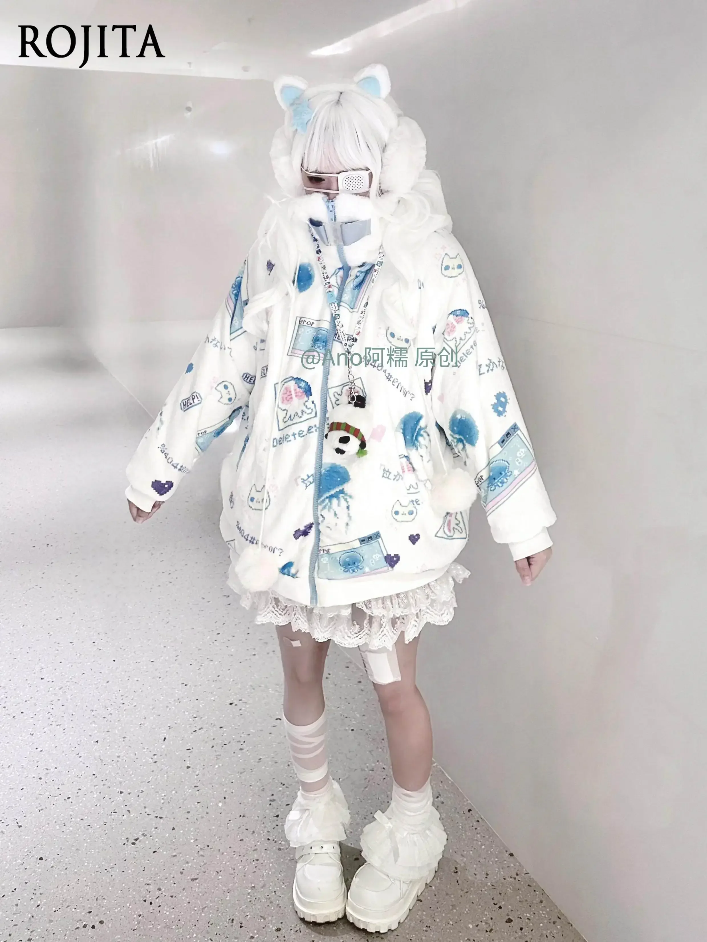Two-dimensional Element Velvet Thickened Jacket Hooded Y2K Anime Pattern Fleece Oversized Hooded Jacket with Pom Pom Decorations