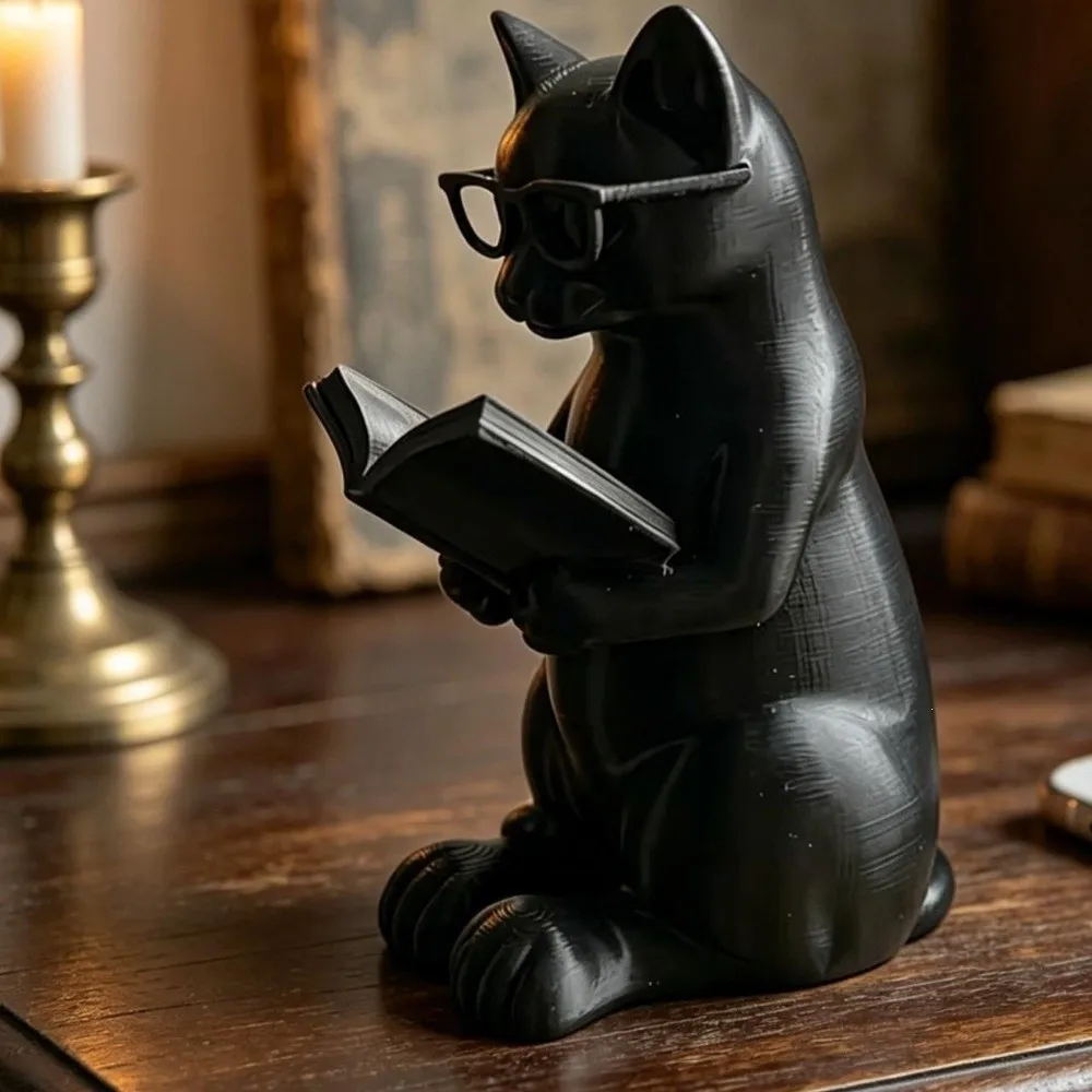 Funny 3D Printed Reading Cat Figurine Plastic Artistic Cat Sculpture Intellectual Desktop Statue Home Decoration