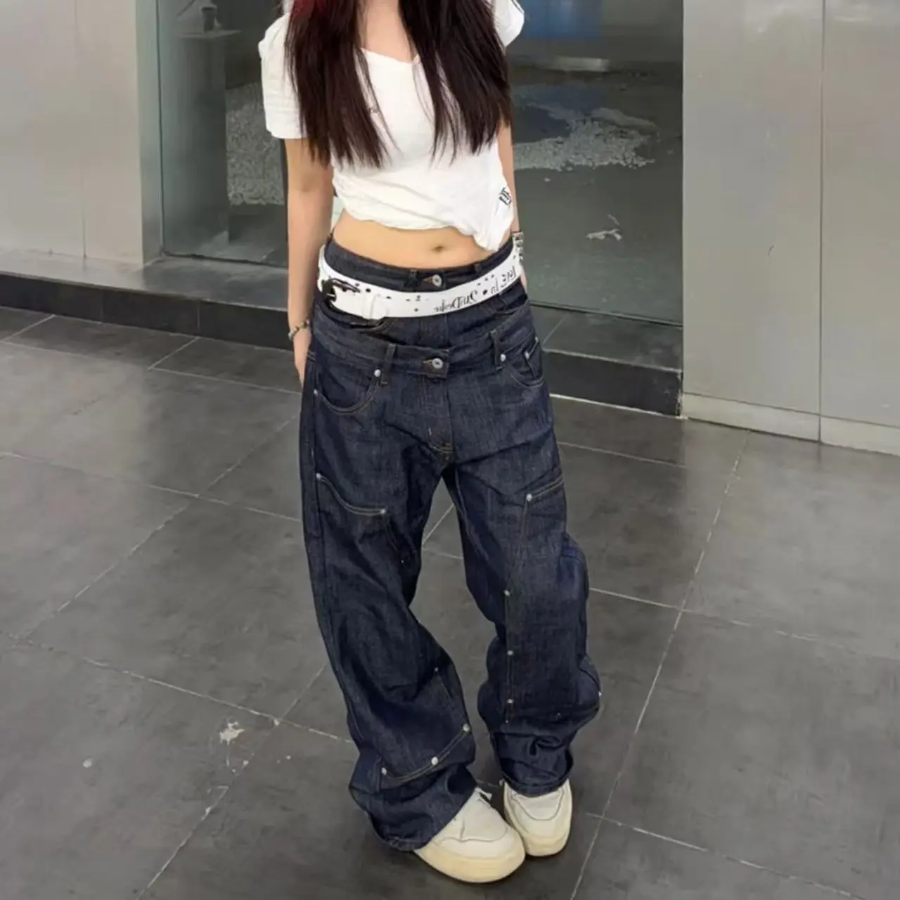 

Мужские джинсы с двойной талией в американском стиле ретро и двойной талией, мужские джинсы с заклепками Y2K, мешковатые уличные джинсы в стиле хип-хоп, готические повседневные широкие джинсы