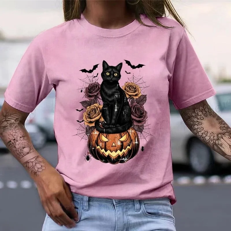 

loween Skull Bow Pumpkin Women's T-irt Funny Cleanfit Sle Ladies' Faionable Cotton Tee for Autumn Winter