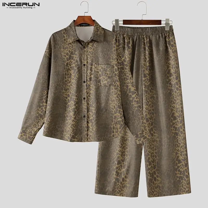 INCERUN Men's Sets Leopard Print Lapel Long Sleeve Shirt Pants Two Piece Sets Streetwear Fashion Casual Matching Sets Tracksuits - view 5